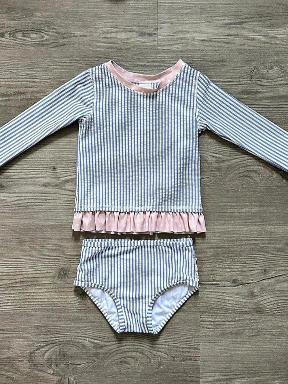 RuffleButts Long Sleeve Rash Guard Bikini Swimsuit Girls 2T Blue & Pink